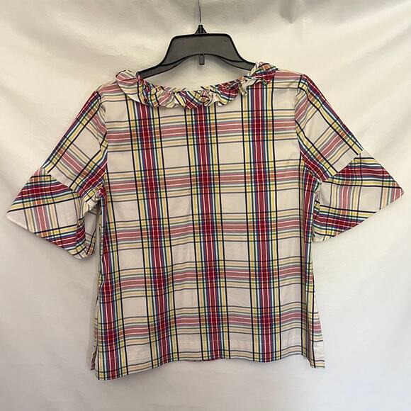 Talbots Plaid Bell Sleeve Womens Top Small Petite White Ruffles Academia Preppy - Picture 5 of 16